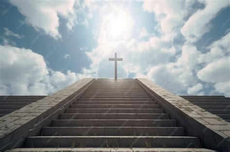 premium ai image stairs leading    cross   sky