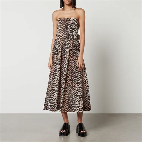 Ganni Leopard Print Organic Cotton Midi Dress Xxs Xs Coggles