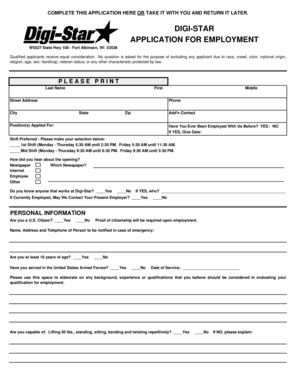 Fillable Online Application For Employment Digi Star Fax Email Print