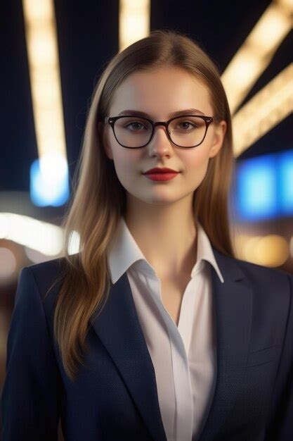 Premium Photo A Pretty European Girl In A Suit And Glasses On A Night Background