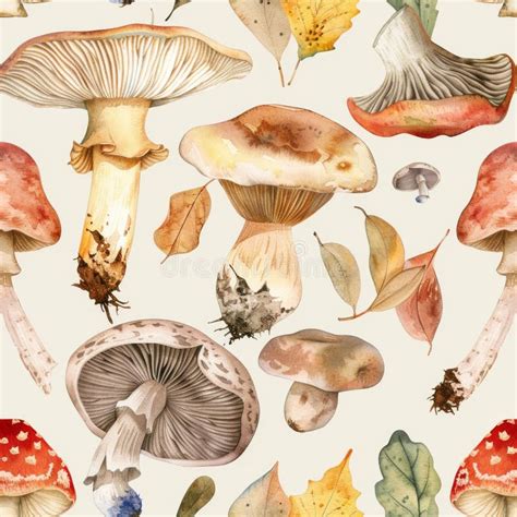 Watercolor Mushrooms Seamless Pattern Autumn Mushroom Painting