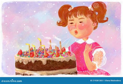 The Girl Blows Out The Candles On The Birthday Cake Bright Multicolor