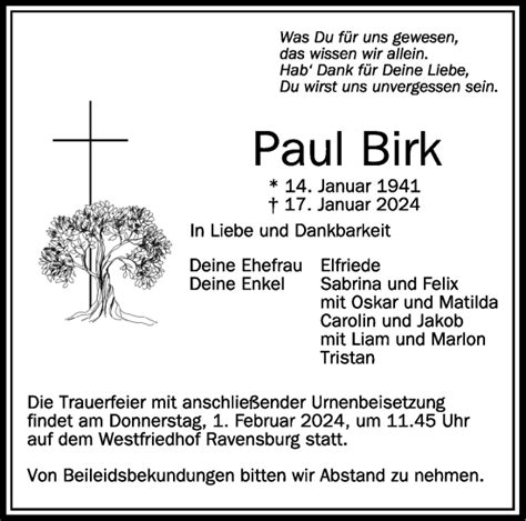 Traueranzeigen Von Paul Birk Schwaebische De Trauerportal