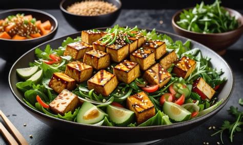 Premium Ai Image Teriyaki Tofu Salad With Sesame