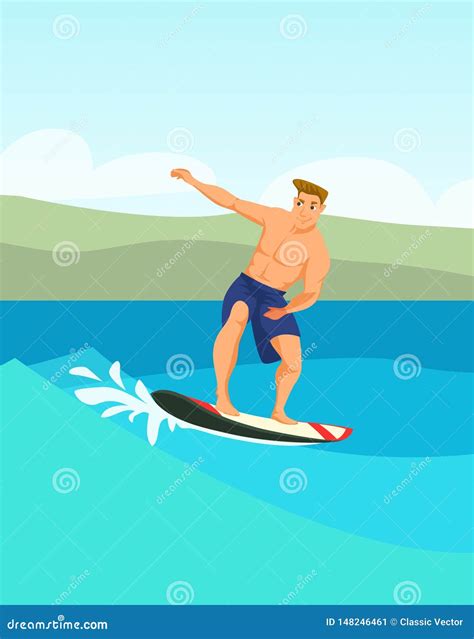 Male Surfer Cartoon Vector Color Illustration Stock Vector