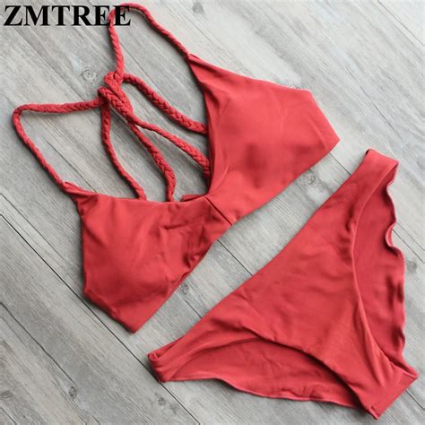 Zmtree Solid Bikini Low Waist Swimsuit Bandage Swimwear Women Sexy