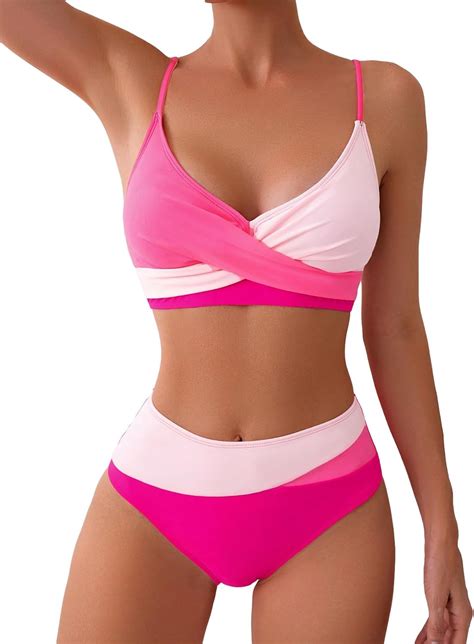 Verdusa Womens Crisscross Color Block High Waist Bikini Sets Two Piece Swimsuit