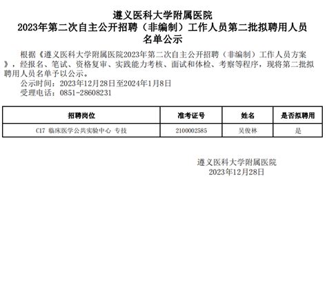 遵义医科大学附属医院2023年第二次自主公开招聘（非编制）工作人员第二批拟聘用人员名单公示 遵义医科大学附属医院