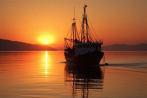 Premium Ai Image Sun Setting Behind A Fishing Trawler On Calm Waters