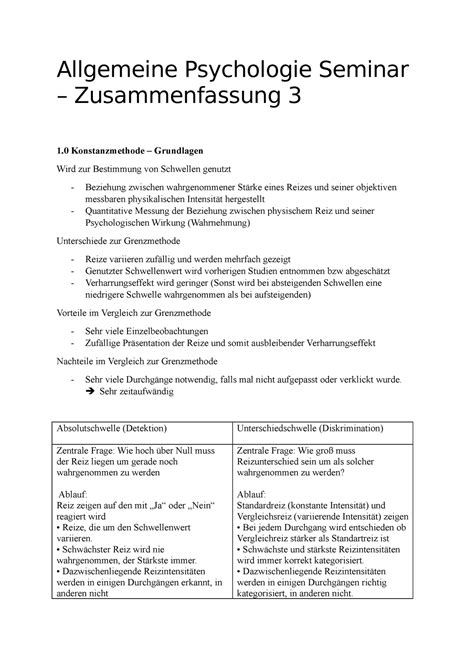 Zusammenfassung Allgemeine Psychologie Seminar Allgemeine