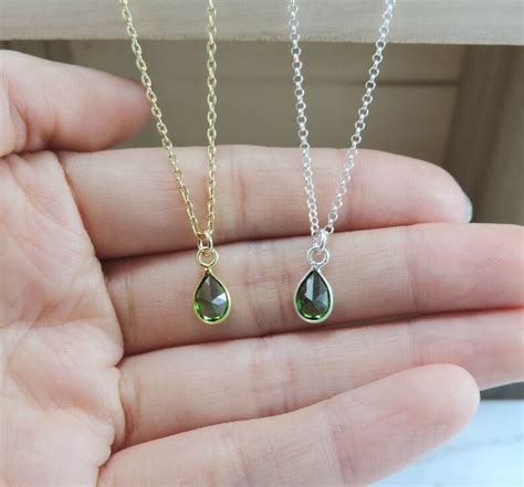 Tiny Emerald Green Teardrop Necklace Dainty Silver Or Gold Etsy