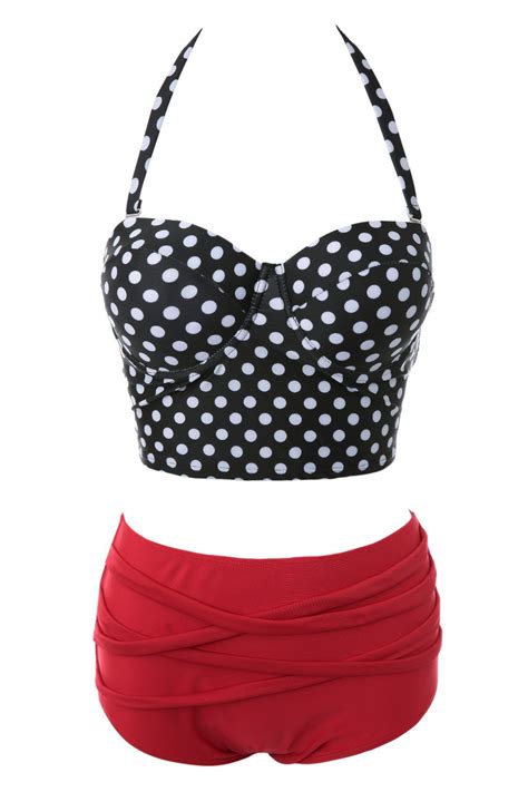 Off Sexy Polka Dot Halter High Waist Bikini Set Rosegal