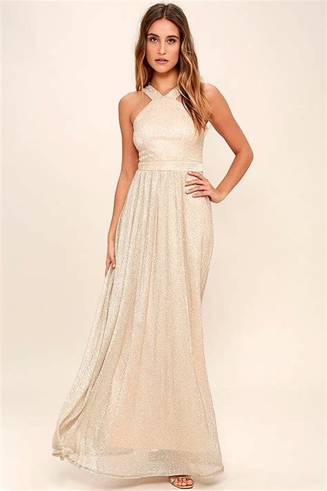 Lovely Gold Dress Maxi Dress Halter Dress 92 00 Lulus