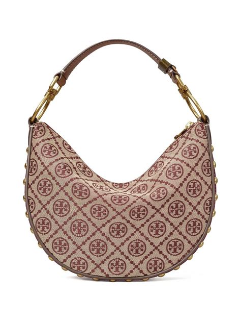 Tory Burch T Monogram Jacquard Crescent Bag In Brown Modesens