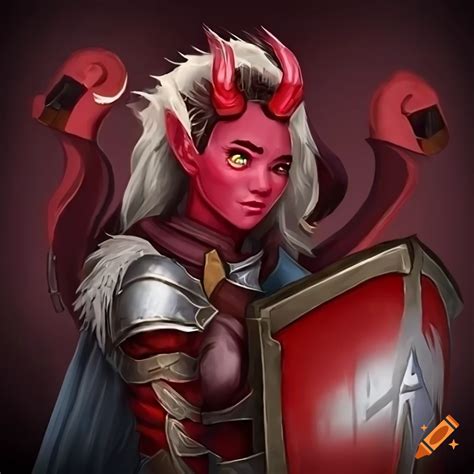 Image Of A Tiefling Paladin With Red Skin Wielding A Hammer And Shield