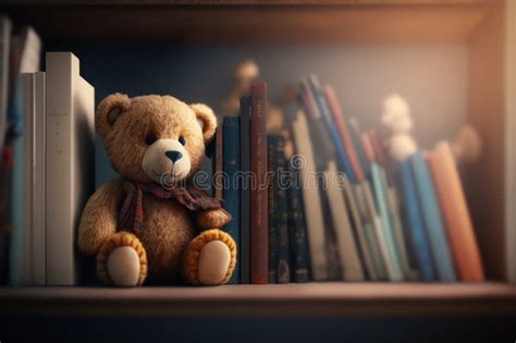 Brown Teddy Bear Sitting On Top Of Book Shelf Next To Pile Of Books