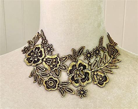 Gold On Black Floral Lace Choker Necklace Vintage Gothic Lace Choker