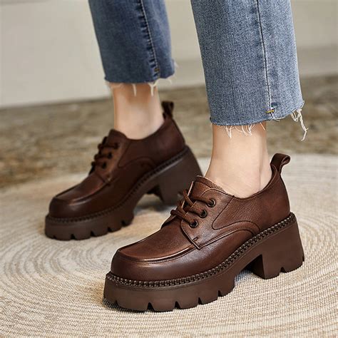 Women Retro Solid Leather Chunky Wedge Loafers