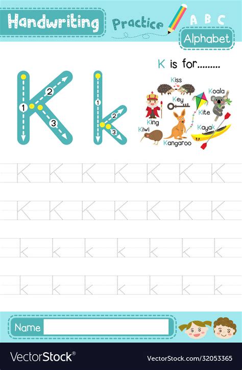 Letter K Uppercase And Lowercase Tracing Practice Vector Image