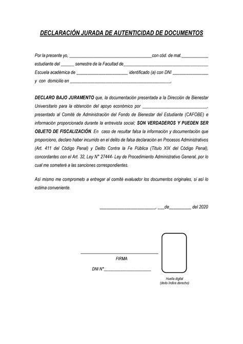 Declaración Jurada DE Autenticidad DE Documentos DECLARACIÓN JURADA