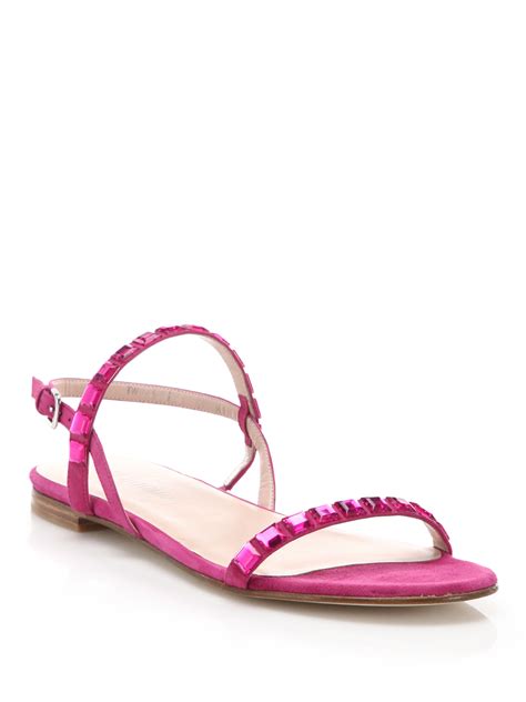 Stuart Weitzman Trailmix Jeweled Suede Flat Sandals in Pink | Lyst