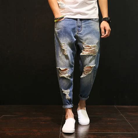 Knee Hole Ripped Jeans Men Summer Hip Hop Streetwear Baggy Distressed