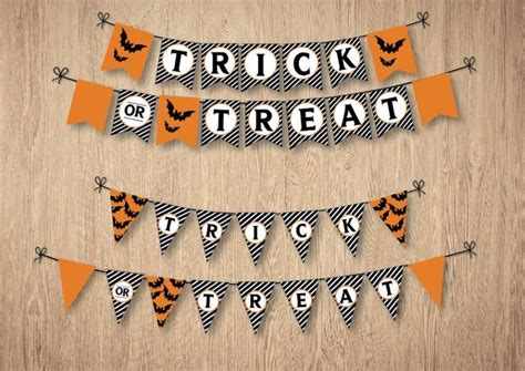 Trick Or Treat Bunting Banner With Bats And Pumpkins On Wood Background