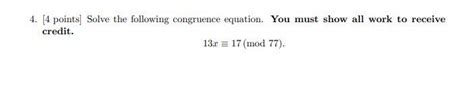 Solved Points Solve The Following Congruence Chegg