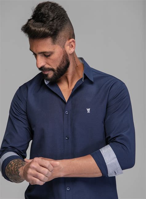 Camisa Social Masculina Manga Longa Alfajor Marinho Cl Ssicos Em Marinho