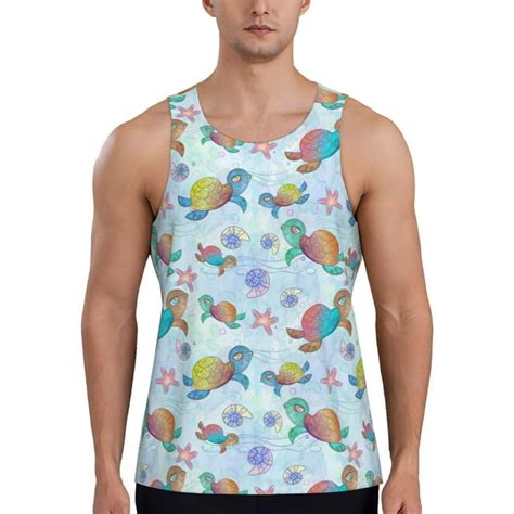 Goofa Colorful Sea Turtle Pattern Mens Workout Tank Top Slim Fit Tank