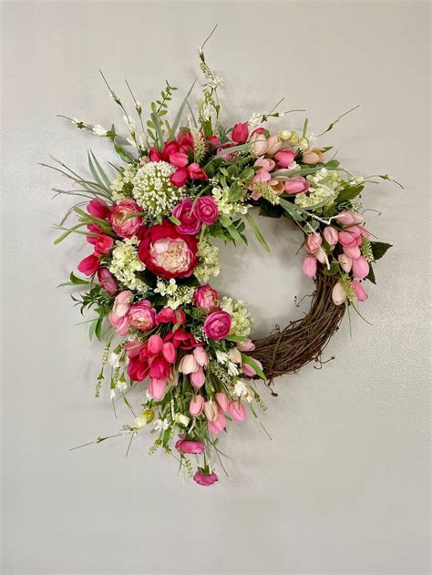 Spring Tulip And Peony Grapevine Wreath Easter Wreath Etsy