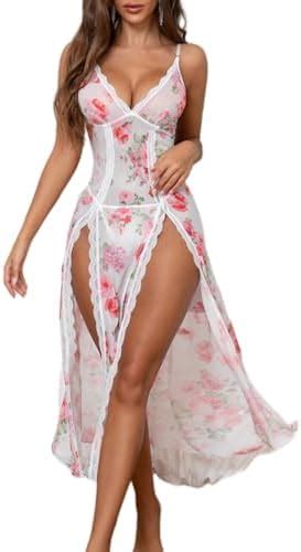 PITINAN Women Lingerie Lace Babydoll Chemise Sexy Mesh Nightdress V Neck Nightwear Side Split