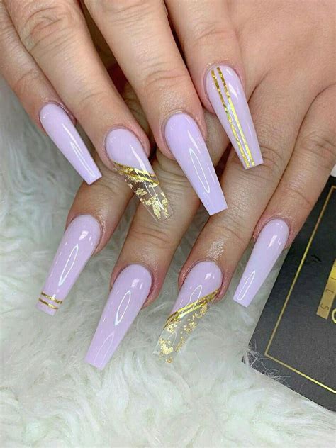 Beautiful Light Purple Coffin Nails Long With Gold Foil Design