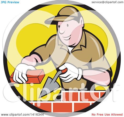 Clipart Of A Retro Cartoon Male Mason Worker Laying Bricks In A Black