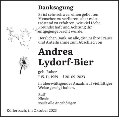 Traueranzeigen Von Andrea Lydorf Bier Saarbruecker Zeitung Trauer De