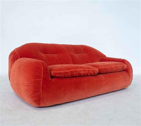 Italian Mid Century Modern Orange Velvet Sofa | #240430