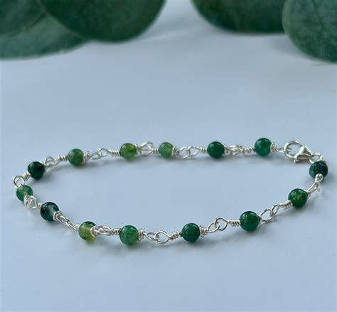 Green Moss Agate Bracelet, Gemstone, Silver Plated Copper, Crystal