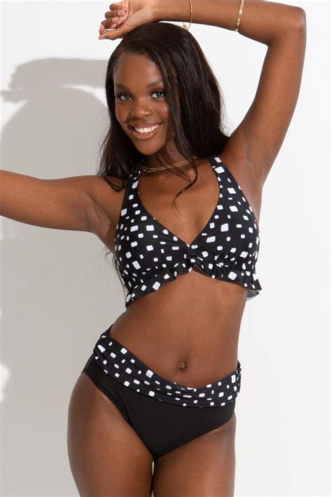 Cascade Halter Padded Non Wired Frill Bikini Top In Black White Pour Moi