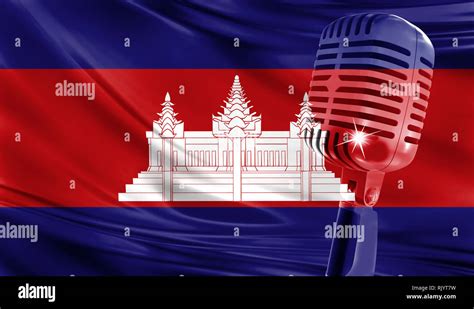 Microphone On Fabric Background Of Flag Of Cambodia Close Up Stock