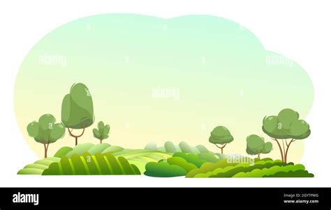 Rural garden hills. Farm morning cute landscape. Funny cartoon design illustration. Flat style ...