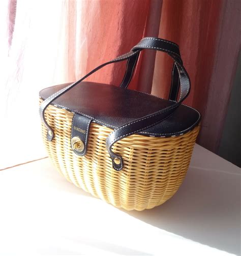 Vtg Signed Designer Braciano Bamboo Woven Basket Lunch Box Travel Shop