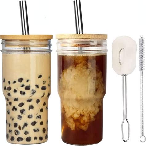 Bubble Tea Set Van 2 Glazen 650 Ml Herbruikbaar Met RVS Rietjes