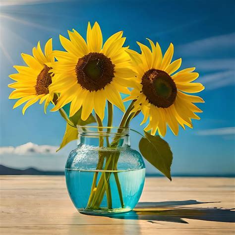 Premium AI Image Three Sunflowers Are In A Vase On A Wooden Table