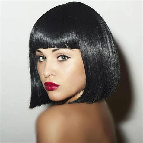 Jinkaili 12 Short Black Bob Wigs For Women With Flat Bangs Straight