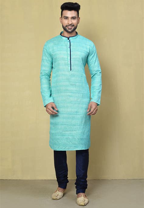 Woven Cotton Jacquard Kurta Set In Sky Blue MLC2422