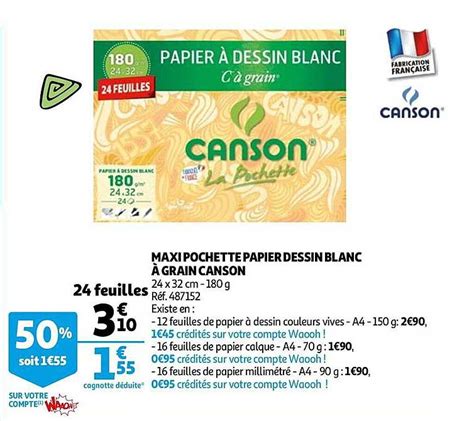 Promo Maxipochette Papier Dessin Blanc à Grain Canson chez Auchan