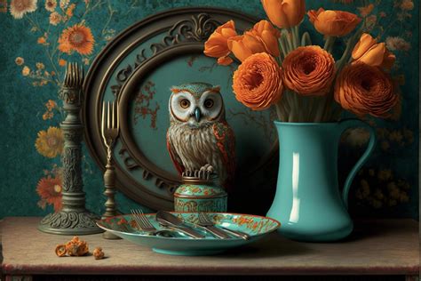 A Blue Vase With Orange Flowers And An Owl Figurine 23003591 Stock