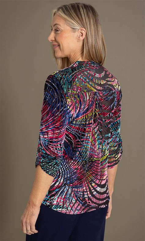 Anna Rose Printed Velour Burn Out Blouse In Multi Klass