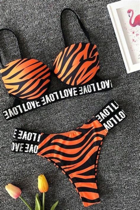 New Sexy Padded Bra Bikini Set Swimsuit Women Letter Push Up Loved Printed Push Up Swimwear