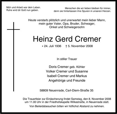 Traueranzeigen Von Heinz Gerd Cremer Trauer In NRW De